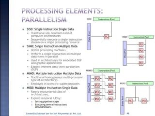  SISD: Single Instruction Single Data
 Traditional von-Neumann kind of
computer architectures
 Sequentially execute a single instruction
stream on a single processing resource
 SIMD: Single Instruction Multiple Data
 Vector processing machines
 Perform a single instruction on multiple
data items in parallel
 Used in architectures for embedded DSP
and graphic applications
 Exploit inherent data-level parallelism
(DLP)
 MIMD: Multiple Instruction Multiple Data
 Traditional homogeneous multi-processor
type of architectures
 Employed in scientific supercomputers
 MISD: Multiple Instruction Single Data
 Rarely encountered class of
architectures,
 Exploit temporal ILP by:
 Setting pipeline stages
 Executing several instructions
simultaneously,
Created by Subhash Iyer for Soft Polynomials (I) Pvt. Ltd. 46
 