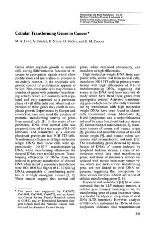 Haematology and Blood Transfusion Vol. 28
Modern Trends in Human Leukemia V
Edited by Neth, Gallo, Greaves, Moore, Winkler
O Springer-VerlagBerlin Heidelberg 1983
Cellular Transforming Genes in Cancer*
M. A. Lane, A. Sainten, D. Neary, D. Becker, and G. M. Cooper
Genes which regulate growth in normal
cells during differentiation function in re-
sponse to appropriate signals which allow
proliferation and maturation to proceed in
an orderly manner. In the neoplastic cell,
genetic control of proliferation appears to
be lost. Non-neoplastic cells may contain a
number of genes with potential transform-
ing activity which are normally well regu-
lated and only expressed at a particular
phase of cell differentiation. Abnormal ex-
pression of these genes may result in neo-
plastic growth. Experiments by Cooper and
CO-workershave addressed the question of
potential transforming activity of genes
from normal cells [I]. In this series of ex-
periments, DNA from normal cells was
prepared, sheared to a size range of 0.5-5.0
kilobases, and transfected as a calcium
phosphate precipitate into NIH 3T3 cells.
Transforming efficiences of high molecular
weight DNAs from these cells were ap-
proximately 3X 10+ transformants/pg
DNA, while transforming efliciencies for
sheared DNAs were tenfold greater. Trans-
forming efficiencies of DNAs from foci
isolated in primary transfection of sheared
DNA when tested in secondary transfection
were 100- 1000 fold higher (0.1-1.0 foci/pg
DNA), comparable to transforming activi-
ties of strongly oncogenic viruses [2, 31.
These studies suggest that normal cell
* This work was supported by CA26825,
CA18689, CA28946, CA06721, and an Ameri-
can Cancer Society Faculty Research Award
to G.M.C. and by Biomedical Research Sup-
port Grants from the National Cancer Insti-
tute and the American Cancer Society
genes, when expressed abnormally, can
transform at high efficiencies.
High molecular weight DNA from neo-
plastic cells, unlike that from normal cells,
transforms NIH 3T3 cells in primary trans-
fection with high efficiencies of 0.1-1.0
transformants/pg DNA, suggesting that
events at the DNA level have occurred al-
ready which have freed these genes from
appropriate control. Activated transform-
ing genes which can be efficiently transmit-
ted by transfection with high molecular
weight DNAs have been found in chemi-
cally transformed mouse fibroblasts [4],
B-cell lymphomas and a nephroblastoma
induced by avian lymphoid leukosis viruses
[5],human bladder carcinomas [6, 71, mam-
mary tumors of mouse and human origin
[8], gliomas and neuroblastomas, of rat and
mouse origin [9], and human colon car-
cinoma and promyelocytic leukemia [10].
The transforming genes detected by trans-
fection of DNAs of tumors induced by
lymphoid leukosis viruses, a class of re-
troviruses which lack viral transforming
genes, and those of mammary tumors as-
sociated with mouse mammary tumor vi-
rus, which also lacks a viral transforming
gene, are not linked to viral DNA Se-
quences, suggesting that oncogenesis by
these viruses involves indirect activation of
cellular transforming genes [5, 81.
Hayward and CO-workers[ll] have dem-
onstrated that in LLV-induced tumors, a
cellular gene (C-myc), homologous to the
transforming gene of acute leukemia virus,
is activated by adjacent integration of viral
DNA (LTR insertion). However, analysis
of NIH cells transformed by DNAs of these
neoplasrns indicates that transformation
 