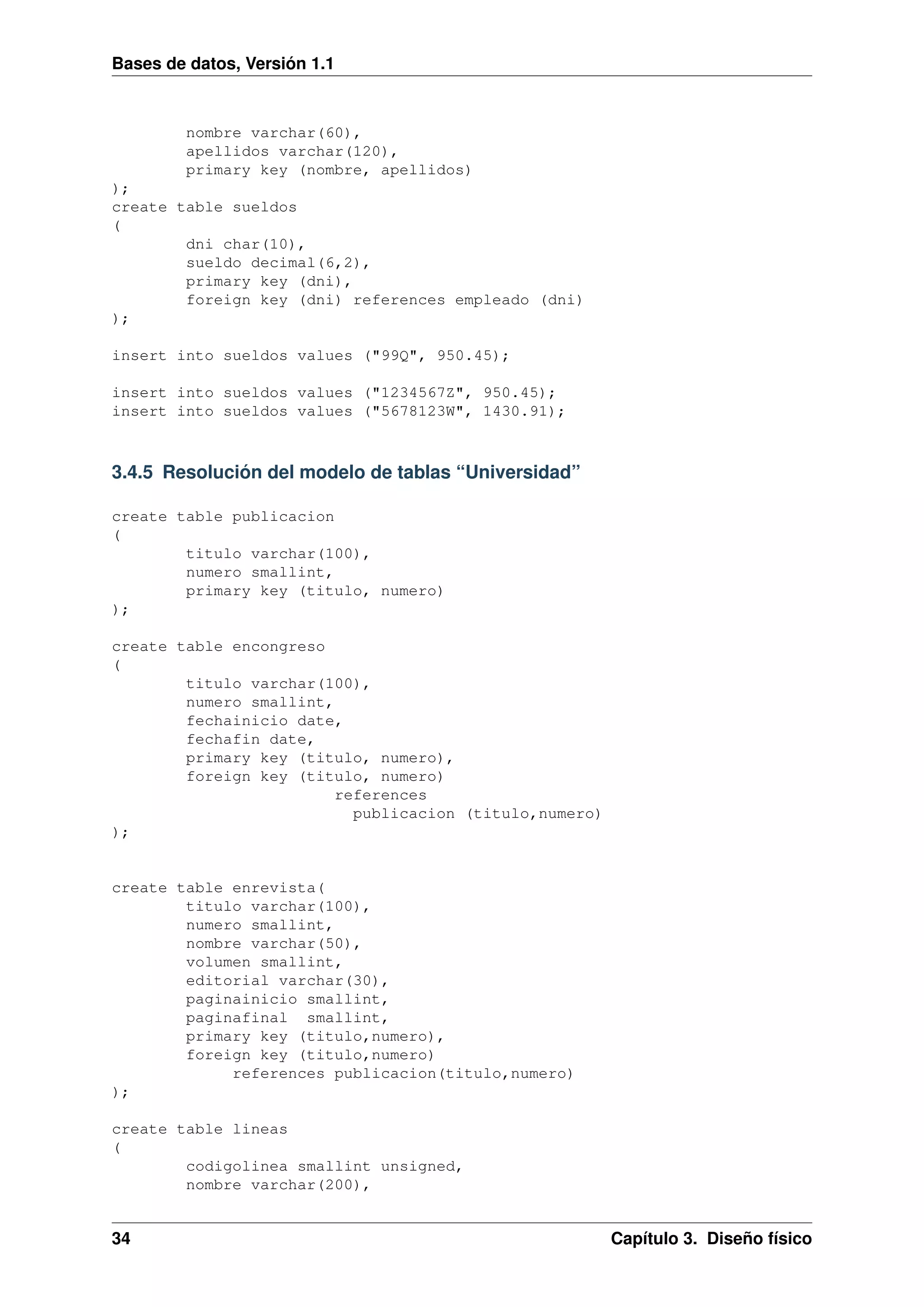 Bases de datos, Versión 1.1

nombre varchar(60),
apellidos varchar(120),
primary key (nombre, apellidos)
);
create table sueldos
(
dni char(10),
sueldo decimal(6,2),
primary key (dni),
foreign key (dni) references empleado (dni)
);
insert into sueldos values ("99Q", 950.45);
insert into sueldos values ("1234567Z", 950.45);
insert into sueldos values ("5678123W", 1430.91);

3.4.5 Resolución del modelo de tablas “Universidad”
create table publicacion
(
titulo varchar(100),
numero smallint,
primary key (titulo, numero)
);
create table encongreso
(
titulo varchar(100),
numero smallint,
fechainicio date,
fechafin date,
primary key (titulo, numero),
foreign key (titulo, numero)
references
publicacion (titulo,numero)
);

create table enrevista(
titulo varchar(100),
numero smallint,
nombre varchar(50),
volumen smallint,
editorial varchar(30),
paginainicio smallint,
paginafinal smallint,
primary key (titulo,numero),
foreign key (titulo,numero)
references publicacion(titulo,numero)
);
create table lineas
(
codigolinea smallint unsigned,
nombre varchar(200),

34

Capítulo 3. Diseño físico

 