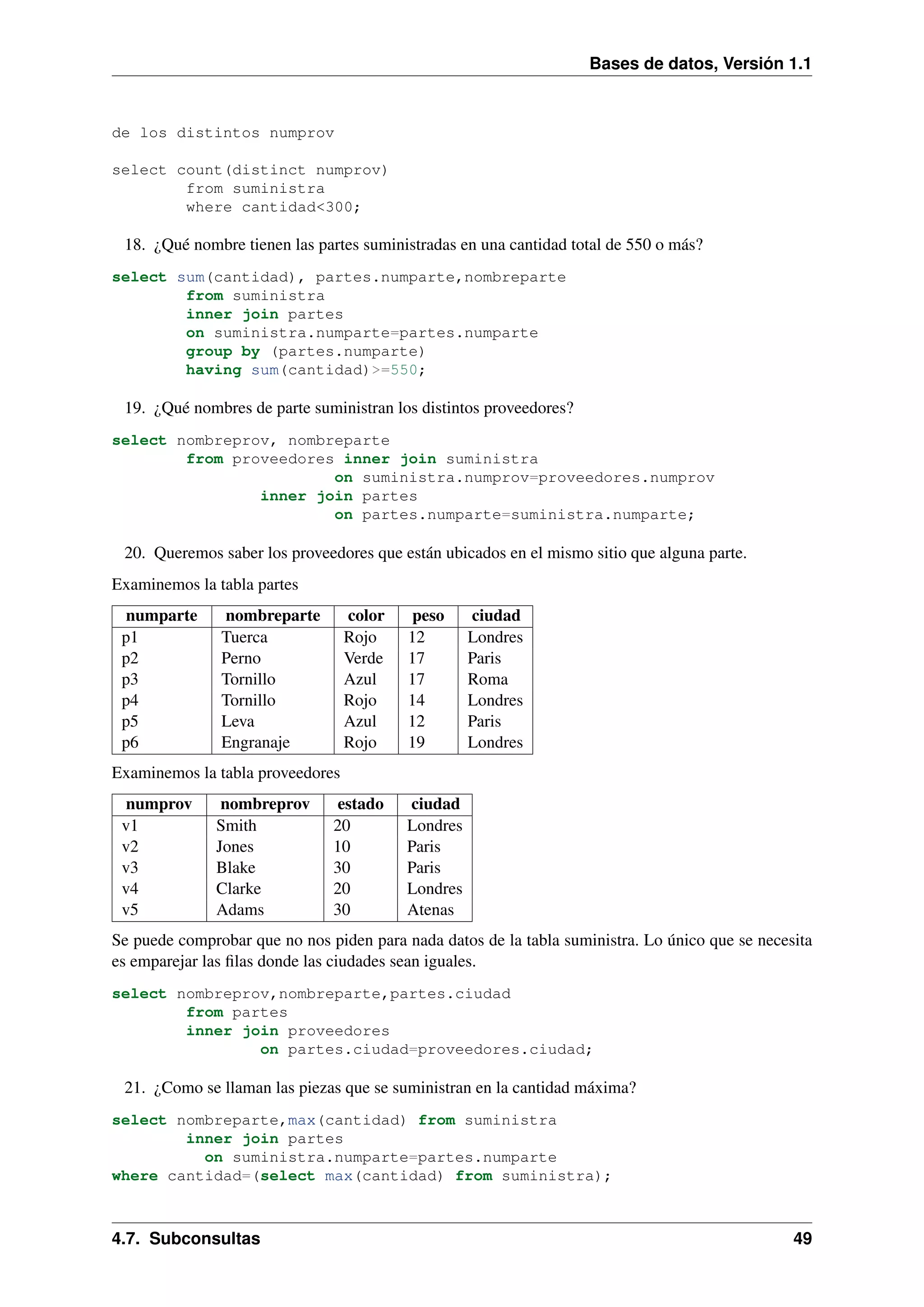 Bases de datos, Versión 1.1

de los distintos numprov
select count(distinct numprov)
from suministra
where cantidad<300;

18. ¿Qué nombre tienen las partes suministradas en una cantidad total de 550 o más?
select sum(cantidad), partes.numparte,nombreparte
from suministra
inner join partes
on suministra.numparte=partes.numparte
group by (partes.numparte)
having sum(cantidad)>=550;

19. ¿Qué nombres de parte suministran los distintos proveedores?
select nombreprov, nombreparte
from proveedores inner join suministra
on suministra.numprov=proveedores.numprov
inner join partes
on partes.numparte=suministra.numparte;

20. Queremos saber los proveedores que están ubicados en el mismo sitio que alguna parte.
Examinemos la tabla partes
numparte
p1
p2
p3
p4
p5
p6

nombreparte
Tuerca
Perno
Tornillo
Tornillo
Leva
Engranaje

color
Rojo
Verde
Azul
Rojo
Azul
Rojo

peso
12
17
17
14
12
19

ciudad
Londres
Paris
Roma
Londres
Paris
Londres

Examinemos la tabla proveedores
numprov
v1
v2
v3
v4
v5

nombreprov
Smith
Jones
Blake
Clarke
Adams

estado
20
10
30
20
30

ciudad
Londres
Paris
Paris
Londres
Atenas

Se puede comprobar que no nos piden para nada datos de la tabla suministra. Lo único que se necesita
es emparejar las ﬁlas donde las ciudades sean iguales.
select nombreprov,nombreparte,partes.ciudad
from partes
inner join proveedores
on partes.ciudad=proveedores.ciudad;

21. ¿Como se llaman las piezas que se suministran en la cantidad máxima?
select nombreparte,max(cantidad) from suministra
inner join partes
on suministra.numparte=partes.numparte
where cantidad=(select max(cantidad) from suministra);

4.7. Subconsultas

49

 