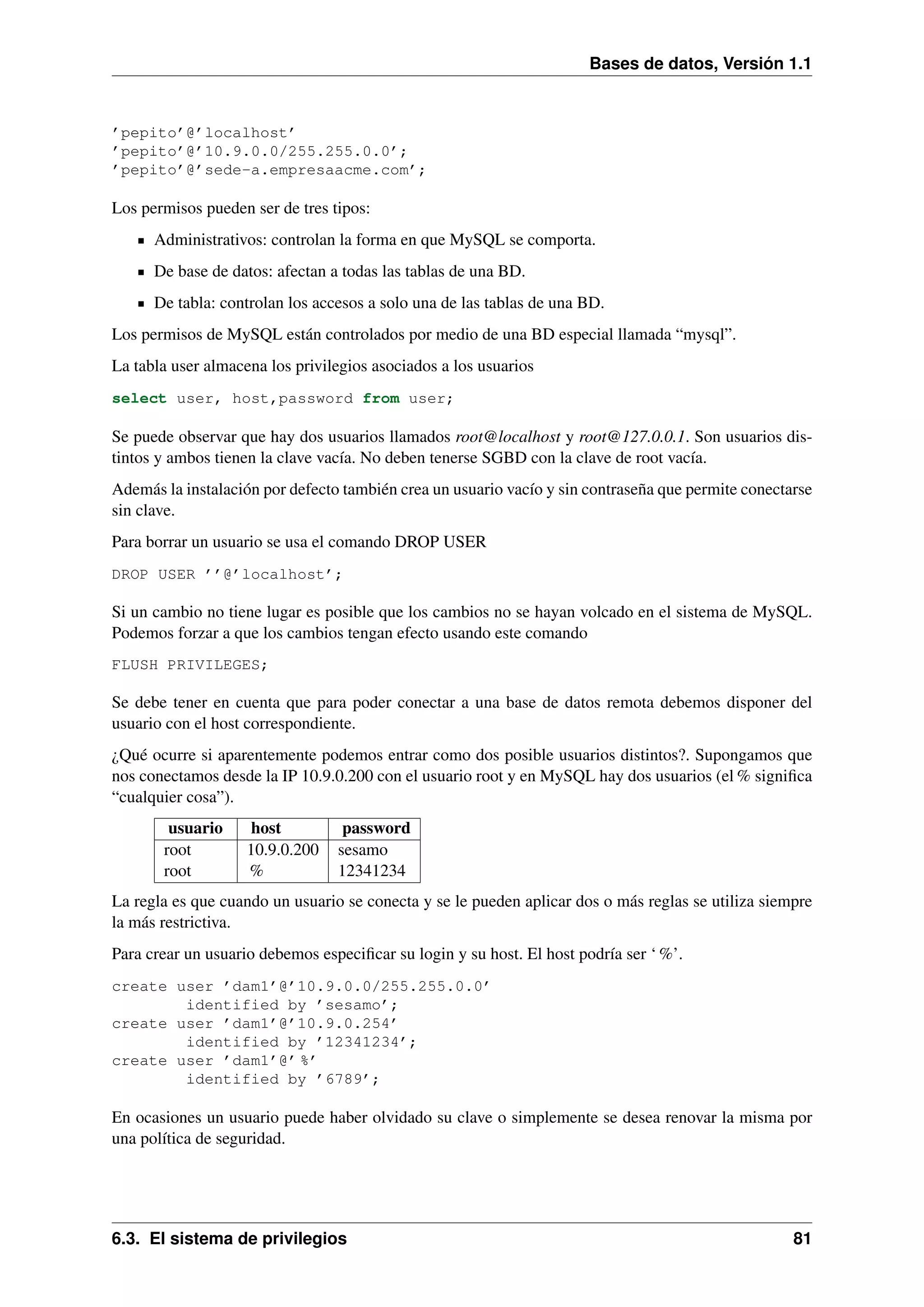 Bases de datos, Versión 1.1

’pepito’@’localhost’
’pepito’@’10.9.0.0/255.255.0.0’;
’pepito’@’sede-a.empresaacme.com’;

Los permisos pueden ser de tres tipos:
Administrativos: controlan la forma en que MySQL se comporta.
De base de datos: afectan a todas las tablas de una BD.
De tabla: controlan los accesos a solo una de las tablas de una BD.
Los permisos de MySQL están controlados por medio de una BD especial llamada “mysql”.
La tabla user almacena los privilegios asociados a los usuarios
select user, host,password from user;

Se puede observar que hay dos usuarios llamados root@localhost y root@127.0.0.1. Son usuarios distintos y ambos tienen la clave vacía. No deben tenerse SGBD con la clave de root vacía.
Además la instalación por defecto también crea un usuario vacío y sin contraseña que permite conectarse
sin clave.
Para borrar un usuario se usa el comando DROP USER
DROP USER ’’@’localhost’;

Si un cambio no tiene lugar es posible que los cambios no se hayan volcado en el sistema de MySQL.
Podemos forzar a que los cambios tengan efecto usando este comando
FLUSH PRIVILEGES;

Se debe tener en cuenta que para poder conectar a una base de datos remota debemos disponer del
usuario con el host correspondiente.
¿Qué ocurre si aparentemente podemos entrar como dos posible usuarios distintos?. Supongamos que
nos conectamos desde la IP 10.9.0.200 con el usuario root y en MySQL hay dos usuarios (el % signiﬁca
“cualquier cosa”).
usuario
root
root

host
10.9.0.200
%

password
sesamo
12341234

La regla es que cuando un usuario se conecta y se le pueden aplicar dos o más reglas se utiliza siempre
la más restrictiva.
Para crear un usuario debemos especiﬁcar su login y su host. El host podría ser ‘ %’.
create user ’dam1’@’10.9.0.0/255.255.0.0’
identified by ’sesamo’;
create user ’dam1’@’10.9.0.254’
identified by ’12341234’;
create user ’dam1’@’ %’
identified by ’6789’;

En ocasiones un usuario puede haber olvidado su clave o simplemente se desea renovar la misma por
una política de seguridad.

6.3. El sistema de privilegios

81

 