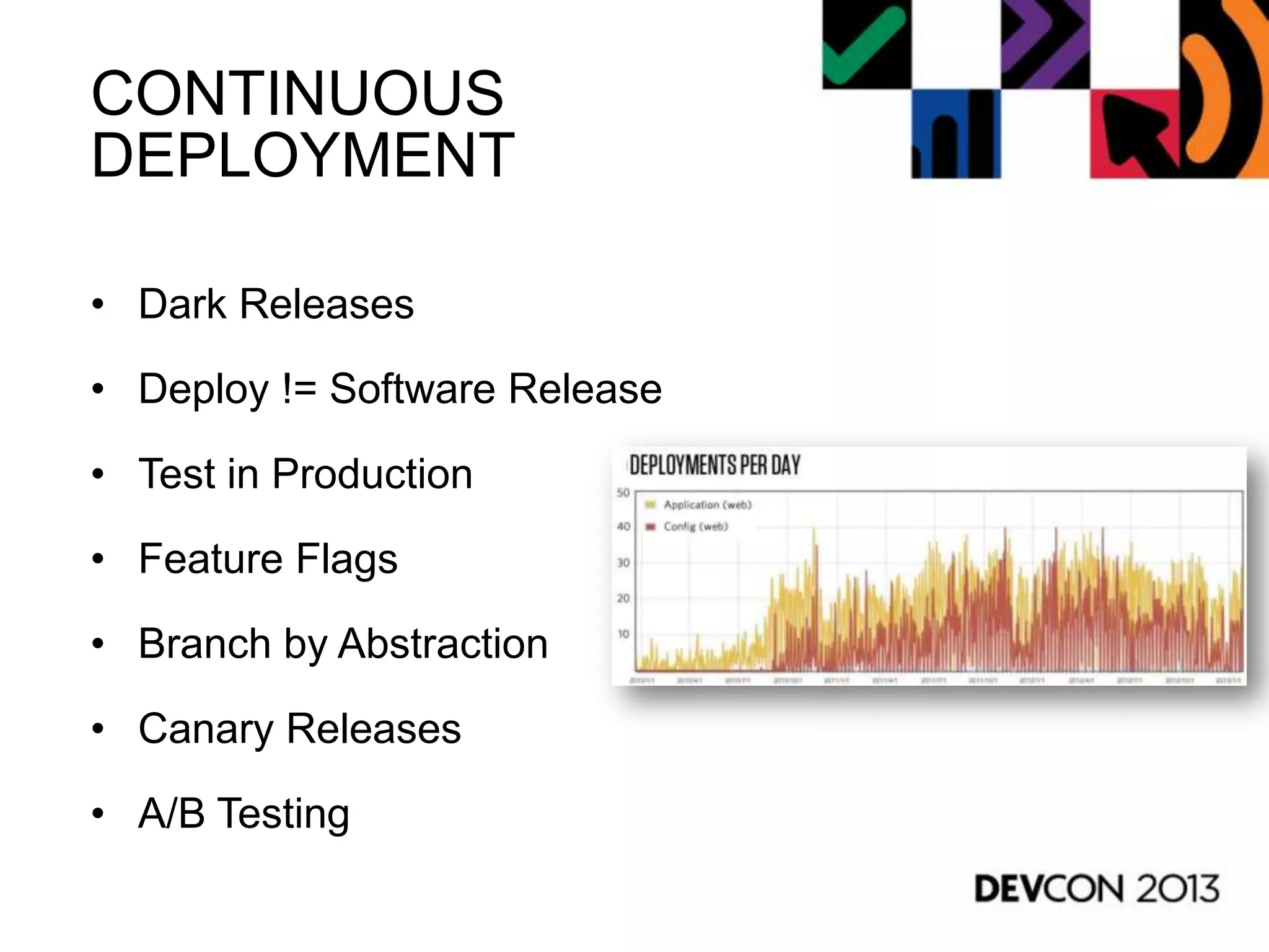 CONTINUOUS
DEPLOYMENT
• Dark Releases
• Deploy != Software Release
• Test in Production
• Feature Flags
• Branch by Abstraction
• Canary Releases
• A/B Testing
 