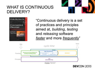 WHAT IS CONTINUOUS
DELIVERY?
“Continuous delivery is a set
of practices and principles
aimed at, building, testing
and releasing software
faster and more frequently”
cycle time
 