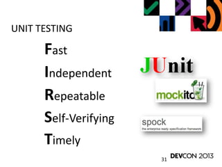 31
UNIT TESTING
Fast
Independent
Repeatable
Self-Verifying
Timely
 
