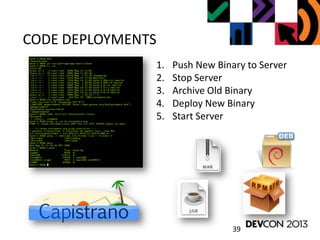 CODE DEPLOYMENTS
39
1. Push New Binary to Server
2. Stop Server
3. Archive Old Binary
4. Deploy New Binary
5. Start Server
 