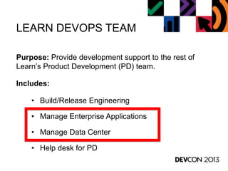 LEARN DEVOPS TEAM
Purpose: Provide development support to the rest of
Learn‟s Product Development (PD) team.
Includes:
• Build/Release Engineering
• Manage Enterprise Applications
• Manage Data Center
• Help desk for PD
 