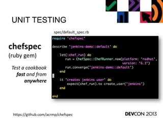 UNIT TESTING
chefspec
(ruby gem)
https://github.com/acrmp/chefspec
Test a cookbook
fast and from
anywhere
spec/default_spec.rb
 