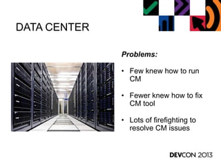 DATA CENTER
Problems:
• Few knew how to run
CM
• Fewer knew how to fix
CM tool
• Lots of firefighting to
resolve CM issues
 