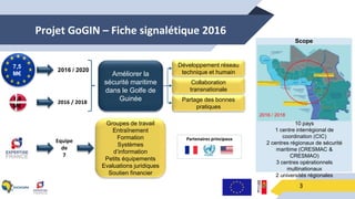 Projet GoGIN – Fiche signalétique 2016
3
7,5
M€
1,8
M€
2016 / 2020
2016 / 2018
Améliorer la
sécurité maritime
dans le Golfe de
Guinée
Développement réseau
technique et humain
Collaboration
transnationale
Partage des bonnes
pratiques
Equipe
de
7
Groupes de travail
Entraînement
Formation
Systèmes
d’information
Petits équipements
Evaluations juridiques
Soutien financier
Scope
10 pays
1 centre interrégional de
coordination (CIC)
2 centres régionaux de sécurité
maritime (CRESMAC &
CRESMAO)
3 centres opérationnels
multinationaux
2 universités régionales
2016 / 2018
Partenaires principaux
 