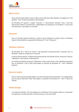 www.acasadoconcurseiro.com.br6
Menu Iniciar
Possui dois formatos (Menu Iniciar e Menu Iniciar Clássico). Mais detalhes nas páginas 6 e 7 da
apostila – Item “O Sistema de Menus do Windows”.
No Windows XP aparece a opção “Executar” e “Documentos recentes” (traz a lista dos
documentos abertos recentemente, independente do programa). No Windows 7 esses itens
não aparecem, mas podem ser incluídos.
Pesquisar
Tem um formato bastante diferente e está em locais diferentes no Menu Iniciar e Windows
Explorer. Mais detalhes na apostila de Windows XP – Item “Pesquisar”.
Windows Explorer
No Windows XP a “Barra de menus” está disponível automaticamente, enquanto que no
Windows 7 pode ser ativada com a tecla ALT.
A “Barra de ferramentas” é diferenciada apresentando mais botões (Acima, Pesquisar e Pastas).
“Bibliotecas” não existem no Windows XP.
Os modos de exibição são apenas 5 (Miniatura, Lada a Lado, ícones, Lista e Detalhes) enquanto
que no Windows 7 são 8. Mais informações na apostila de Windows XP – Item “Windows
Explorer”.
Barra de tarefas
Possui a “Barra de Inicialização Rápida” que não está disponível no Windows 7. As configurações
são um pouco diferentes. Mais informações na apostila de Windows XP – Item “A Barra de
Tarefas”
Botão Desligar
A “Suspensão Híbrida” não está disponível no Windows XP. Os botões Hibernar e Suspender
não aparecem simultaneamente no XP, para alterar, usar a tecla Shift.
 