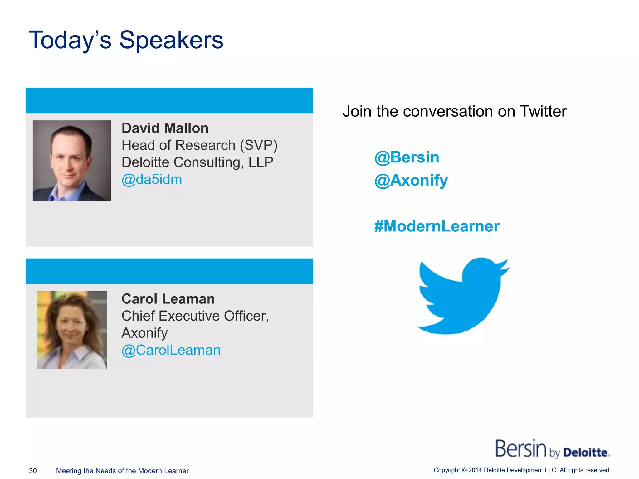 Copyright © 2014 Deloitte Development LLC. All rights reserved.30 Meeting the Needs of the Modern Learner
Today’s Speakers
David Mallon
Head of Research (SVP)
Deloitte Consulting, LLP
@da5idm
Carol Leaman
Chief Executive Officer,
Axonify
@CarolLeaman
Join the conversation on Twitter
@Bersin
@Axonify
#ModernLearner
 
