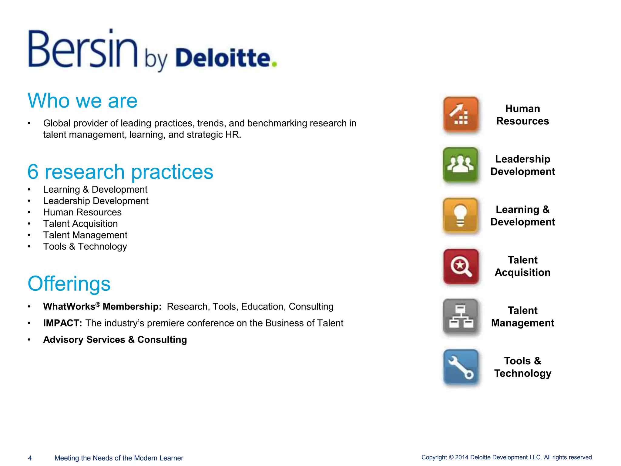 Copyright © 2014 Deloitte Development LLC. All rights reserved.4 Meeting the Needs of the Modern Learner
Who we are
• Global provider of leading practices, trends, and benchmarking research in
talent management, learning, and strategic HR.
6 research practices
• Learning & Development
• Leadership Development
• Human Resources
• Talent Acquisition
• Talent Management
• Tools & Technology
Offerings
• WhatWorks® Membership: Research, Tools, Education, Consulting
• IMPACT: The industry’s premiere conference on the Business of Talent
• Advisory Services & Consulting
Human
Resources
Leadership
Development
Learning &
Development
Talent
Acquisition
Talent
Management
Tools &
Technology
 