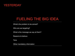 YESTERDAY



        FUELING THE BIG IDEA
    What’s the problem to be solved?

    Who are we targeting?

    What is the message we say at them?

    Reasons to believe

    Tone

    Other mandatory information
 