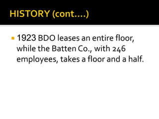  1923 BDO leases an entire floor,
while the Batten Co., with 246
employees, takes a floor and a half.
 