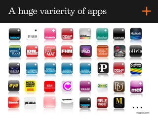 A huge varierity of apps




                           ...
                            magplus.com
 