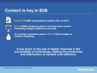 Content is key in B2B

               9 out of 10 B2B organisations market with content

               51% of B2B marketers plan to increase their content
               marketing budgets within the next year

               On average marketers spend >25% of their budget on
               content marketing




                A key driver in the use of digital channels is the
               accessibility of technology, making the production
                   and distribution of content cost-effective.



2012 SEO Benchmark Report, eConsultancy
 