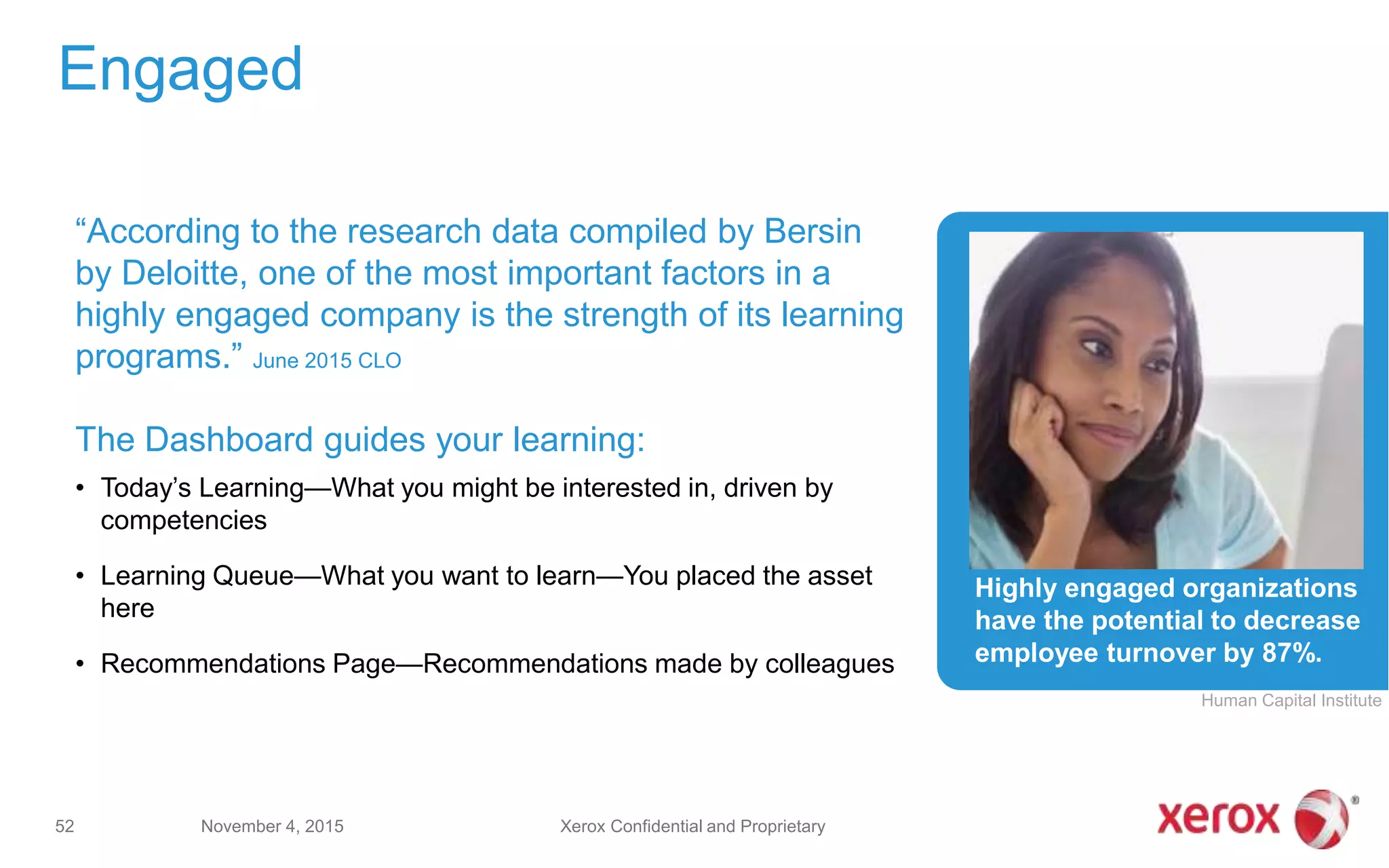 Highly engaged organizations
have the potential to decrease
employee turnover by 87%.
“According to the research data compiled by Bersin
by Deloitte, one of the most important factors in a
highly engaged company is the strength of its learning
programs.” June 2015 CLO
The Dashboard guides your learning:
• Today’s Learning—What you might be interested in, driven by
competencies
• Learning Queue—What you want to learn—You placed the asset
here
• Recommendations Page—Recommendations made by colleagues
Engaged
November 4, 201552
Human Capital Institute
Xerox Confidential and Proprietary
 