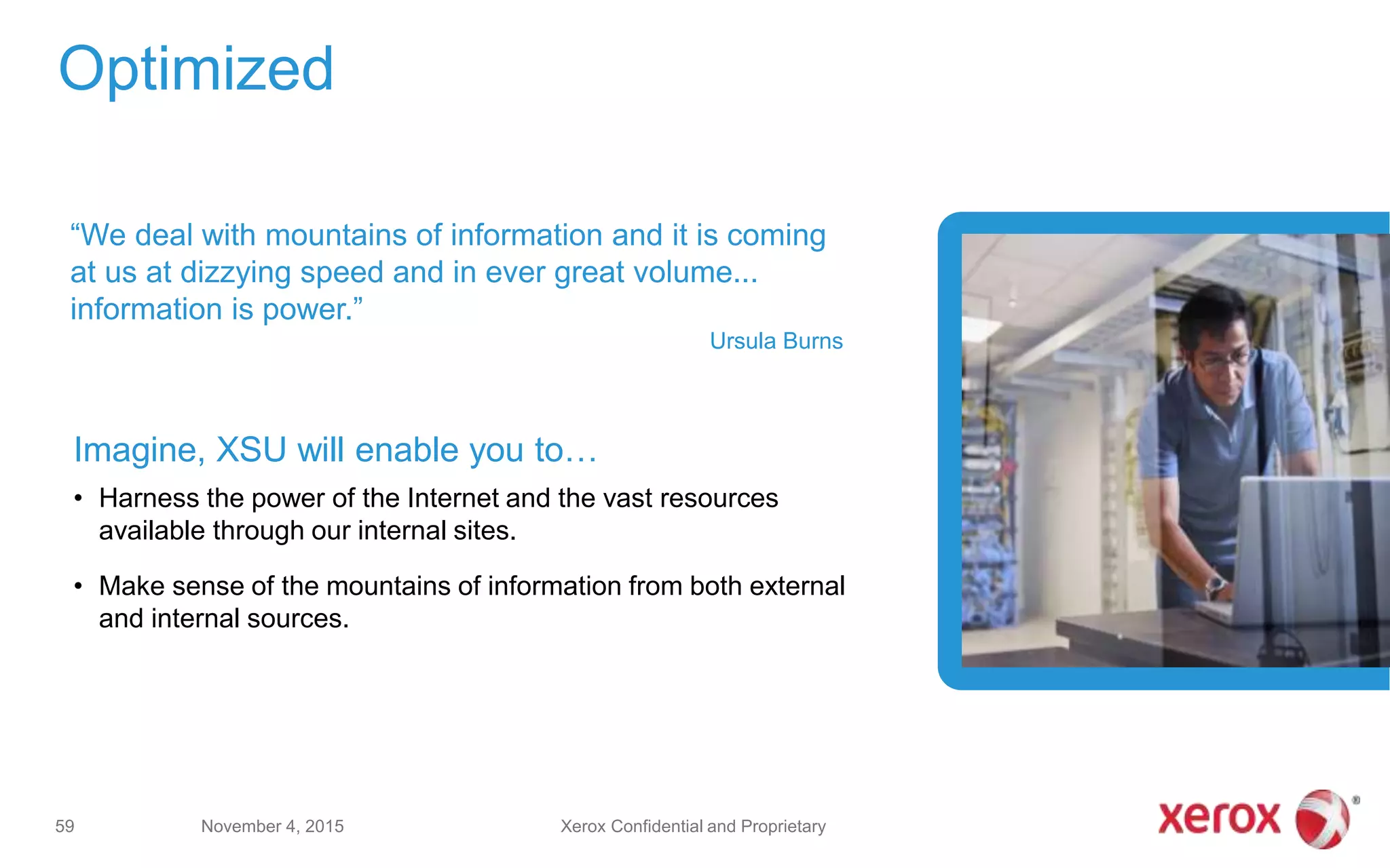 Imagine, XSU will enable you to…
• Harness the power of the Internet and the vast resources
available through our internal sites.
• Make sense of the mountains of information from both external
and internal sources.
Optimized
November 4, 201559
“We deal with mountains of information and it is coming
at us at dizzying speed and in ever great volume...
information is power.”
Ursula Burns
Xerox Confidential and Proprietary
 
