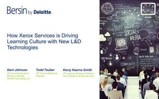 How Xerox Services is Driving
Learning Culture with New L&D
Technologies
Dani Johnson
VP Learning Research
Bersin by Deloitte,
Deloitte Consulting LLP
Todd Tauber
VP Product Marketing
Degreed
Kerry Hearns-Smith
VP Learning Strategy & Delivery
Xerox Global Learning Services
 