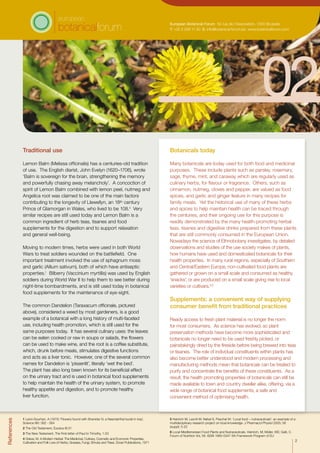 Traditional use
Lemon Balm (Melissa officinalis) has a centuries-old tradition
of use. The English diarist, John Evelyn (1620–1706), wrote
‘Balm is sovereign for the brain, strengthening the memory
and powerfully chasing away melancholy’. A concoction of
spirit of Lemon Balm combined with lemon peel, nutmeg and
Angelica root was claimed to be one of the main factors
contributing to the longevity of Llewellyn, an 18th century
Prince of Glamorgan in Wales, who lived to be 108.4
Very
similar recipes are still used today and Lemon Balm is a
common ingredient of herb teas, tisanes and food
supplements for the digestion and to support relaxation
and general well-being.
Moving to modern times, herbs were used in both World
Wars to treat soldiers wounded on the battlefield. One
important treatment involved the use of sphagnum moss
and garlic (Allium sativum), both of which have antiseptic
properties.1
Bilberry (Vaccinium myrtillis) was used by English
soldiers during World War II to help them to see better during
night-time bombardments, and is still used today in botanical
food supplements for the maintenance of eye-sight.
The common Dandelion (Taraxacum officinale, pictured
above), considered a weed by most gardeners, is a good
example of a botanical with a long history of multi-faceted
use, including health promotion, which is still used for the
same purposes today. It has several culinary uses: the leaves
can be eaten cooked or raw in soups or salads, the flowers
can be used to make wine, and the root is a coffee substitute,
which, drunk before meals, stimulates digestive functions
and acts as a liver tonic. However, one of the several common
names for Dandelion is ‘pissenlit’, literally ‘wet the bed’.
The plant has also long been known for its beneficial effect
on the urinary tract and is used in botanical food supplements
to help maintain the health of the urinary system, to promote
healthy appetite and digestion, and to promote healthy
liver function.
Botanicals today
Many botanicals are today used for both food and medicinal
purposes. These include plants such as parsley, rosemary,
sage, thyme, mint, and caraway which are regularly used as
culinary herbs, for flavour or fragrance. Others, such as
cinnamon, nutmeg, cloves and pepper, are valued as food
spices, and garlic and ginger feature in many recipes for
family meals. Yet the historical use of many of these herbs
and spices to help maintain health can be traced through
the centuries, and their ongoing use for this purpose is
readily demonstrated by the many health-promoting herbal
teas, tisanes and digestive drinks prepared from these plants
that are still commonly consumed in the European Union.
Nowadays the science of Ethnobotany investigates, by detailed
observations and studies of the use society makes of plants,
how humans have used and domesticated botanicals for their
health properties. In many rural regions, especially of Southern
and Central/Eastern Europe, non-cultivated food plants are
gathered or grown on a small scale and consumed as healthy
‘snacks’, or are produced on a small scale giving rise to local
varieties or cultivars.5,6
Supplements: a convenient way of supplying
consumer benefit from traditional practices
Ready access to fresh plant material is no longer the norm
for most consumers. As science has evolved, so plant
preservation methods have become more sophisticated and
botanicals no longer need to be used freshly picked, or
painstakingly dried by the fireside before being brewed into teas
or tisanes. The role of individual constituents within plants has
also become better understood and modern processing and
manufacturing methods mean that botanicals can be treated to
purify and concentrate the benefits of these constituents. As a
result, the health promoting properties of botanicals can still be
made available to town and country dweller alike, offering, via a
wide range of botanical food supplements, a safe and
convenient method of optimising health.
References
1 Leroi-Gourhan, A (1975) ‘Flowers found with Shanidar IV, a Neanderthal burial in Iraq’.
Science l90: 562 - 564
2 The Old Testament, Exodus l6:31
3 The New Testament, The First letter of Paul to Timothy, 1:23
4 Grieve, M. A Modern Herbal: The Medicinal, Culinary, Cosmetic and Economic Properties,
Cultivation and Folk Lore of Herbs, Grasses, Fungi, Shrubs and Trees. Dover Publications, 1971
5 Heinrich M, Leonti M, Nebel S, Peschel W: ‘Local food – nutraceuticals’: an example of a
multidisciplinary research project on local knowledge. J Pharmacol Physiol 2005; 56
(suppl): 5-22
6 Local Mediterranean Food Plants and Nutraceuticals. Heinrich, M; Müller, WE; Galli, C.
Forum of Nutrition Vol, 59. ISSN 1660-0347 5th Framework Program of EU
European Botanical Forum 50 rue de l’Association, 1000 Brussels
T: +32 2 209 11 50 E: info@botanical-forum.be www.botanicalforum.com
2
 