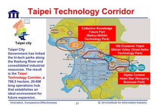 Taipei Technology Corridor
                               Collective Knowledge
                                    Future Port
                                  (Beitou-Shihlin
                                Technology Park)
    Taipei city
                                                      HQ Clustered Taipei
Taipei City                                       Silicon Valley (Great Neihu
Government has linked                                  Technology Park)
the hi-tech parks along
the Keelung River and
consolidated industrial
resources. The result
is the Taipei                                             Digital Content
Technology Corridor, a                                  Asian Star (Nangong
768.5 hectare, 20-KM                                      Business Park)
long operations hub
that establishes an
ideal environment for
future expansion.
                          21
 