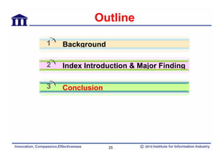 Outline

1   Background

2   Index Introduction & Major Finding

3   Conclusion




                 25
 