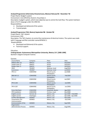 Analyst/Programmer (Informatica Panamericana, Mexico) February'92 - November '92
Project Name: Budget’s system
Environment: Unix (HPUX 8), Oracle 6, Visual Basic 1
Description: budget’s system, which main objective was to control the Cash flow. The system had been
done in Pro*C language under the UNIX OS.
Responsibilities:
 Developed and delivered of the system.
 Trained people.
Analyst/Programmer (TAE, Mexico) September'88 - October'90
Project Name: TAE’s System
Environment: DOS
Description: The TAE’s System; to control the maintenance of electrical motors. The system was made
with C language and files controller named BTRIEVE 2.
Responsibilities:
 Developed and Delivered of the system.
 Technical support.
Education:
Undergraduate: Autonomous Metropolitan University, Mexico, D.F. [1985-1990]
Bachelor's degree Computer Science.
Courses:
Course Name Company Place Date
ORACLE RAC 12c ORACLE Austin Sep/2016
Golden Gate 12 ORACLE Austin Sep/2015
Golden Gate 11 ORACLE Austin Oct/2014
XPAY TRIVNET Netanya, Israel Aug/2010
Icommerce TRIVNET Netanya, Israel Jun/2010
PPS 5.3 COMVERSE Mount Laurel,
Philadelphia
Jan/2008
IBM AIX 5.3 COMVERSE Mount Laurel,
Philadelphia
Feb/2007
PPS 4.6 COMVERSE Mount Laurel,
Philadelphia
Jan/2007
PPS 4.250 COMVERSE Mount Laurel,
Philadelphia
Jan/2005
PPS 4.207 COMVERSE Mount Laurel,
Philadelphia
Jun/2003
Voice Mail Basic COMVERSE Wakefield, Boston Ago/2002
PPS Installation COMVERSE Tel-Aviv, Israel Dec/2000
English courses Harmon all Mexico, City Apr/1999 – Feb/2000
English courses Interlingua Mexico, City Apr/1999 - Apr/2000
Conflict Management ASEMEX Mexico, City Nov/1995
Presentation and
Communication
ASEMEX Mexico, City Oct/1995
Communication of the
Organization
ASEMEX Mexico, City Sep/1995
Administrative Process ASEMEX Mexico, City Aug/1995
 