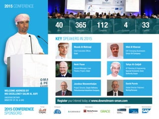 WELCOME ADDRESS BY
HIS EXCELLENCY SALIM AL AUFI
UNDERSECRETARY,
MINISTRY OF OIL & GAS
2015 Conference
40	 365	 112	 4	 33VIPs		 Delegates		 Companies		 Continents	 Countries
KEY SPEAKERS IN 2015
Henk Pauw
General Manager, Liwa
Plastics Project, Orpic
Hilal Al Kharusi
EVP, Emerging Businesses
Oman Oil Company
Musab Al Mahruqi
Chief Executive Officer
Orpic
Jacobus Nieuwenhuijze
Project Director, Duqm Refinery
Petrochemical Industries Company
Yahya Al-Zadjali
VP Planning & Engineering
Special Economic Zone
Authority Duqm
Register your interest today at www.downstream-oman.com
2015 CONFERENCE
SPONSORS
Gold Sponsor Silver Sponsors Lunch Hosts Networking SponsorCo-host
David Purvis
Global Director Polymers
WorleyParsons
 