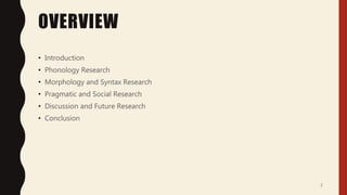 OVERVIEW
• Introduction
• Phonology Research
• Morphology and Syntax Research
• Pragmatic and Social Research
• Discussion and Future Research
• Conclusion
2
 
