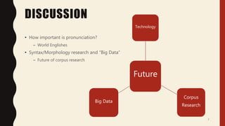 DISCUSSION
• How important is pronunciation?
– World Englishes
• Syntax/Morphology research and “Big Data”
– Future of corpus research
7
Future
Technology
Corpus
Research
Big Data
 