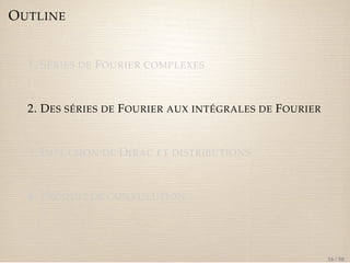 OUTLINE 
1. SÉRIES DE FOURIER COMPLEXES 
2. DES SÉRIES DE FOURIER AUX INTÉGRALES DE FOURIER 
3. IMPULSION DE DIRAC ET DISTRIBUTIONS 
4. PRODUIT DE CONVOLUTION 
16 / 50 
 