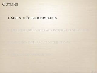 OUTLINE 
1. SÉRIES DE FOURIER COMPLEXES 
2. DES SÉRIES DE FOURIER AUX INTÉGRALES DE FOURIER 
3. IMPULSION DE DIRAC ET DISTRIBUTIONS 
4. PRODUIT DE CONVOLUTION 
2 / 50 
 