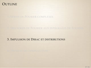OUTLINE 
1. SÉRIES DE FOURIER COMPLEXES 
2. DES SÉRIES DE FOURIER AUX INTÉGRALES DE FOURIER 
3. IMPULSION DE DIRAC ET DISTRIBUTIONS 
4. PRODUIT DE CONVOLUTION 
37 / 50 
 