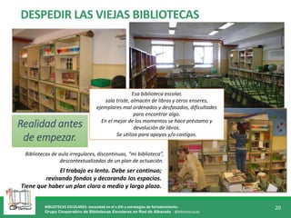 BIBLIOTECAS ESCOLARES: necesidad en el s.XXI y estrategias de fortalecimiento.
Grupo Cooperativo de Bibliotecas Escolares en Red de Albacete - @bibliotecasab
20
Realidad antes
de empezar.
El trabajo es lento. Debe ser continuo;
revisando fondos y decorando los espacios.
Tiene que haber un plan claro a medio y largo plazo.
Bibliotecas de aula irregulares, discontinuas, “mi biblioteca”,
descontextualizadas de un plan de actuación.
Esa biblioteca escolar,
sala triste, almacén de libros y otros enseres,
ejemplares mal ordenados y desfasados, dificultades
para encontrar algo.
En el mejor de los momentos se hace préstamo y
devolución de libros.
Se utiliza para apoyos y/o castigos.
DESPEDIR LAS VIEJAS BIBLIOTECAS
 