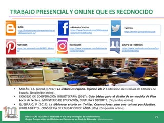 BIBLIOTECAS ESCOLARES: necesidad en el s.XXI y estrategias de fortalecimiento.
Grupo Cooperativo de Bibliotecas Escolares en Red de Albacete - @bibliotecasab
25
TRABAJO PRESENCIAL Y ONLINE QUE ES RECONOCIDO
BLOG:
http://bibliotecasescolaresenredalbacet
e.blogspot.com.es/
PÁGINA FACEBOOK:
https://www.facebook.com/bibliotecase
scolaresenredalbacete/
TWITTER:
https://twitter.com/bibliotecasab
PINTEREST:
https://es.pinterest.com/BERED_Albace
te/
INSTAGRAM:
https://www.instagram.com/bibliotecas
escolaresredab/
GRUPO DE FACEBOOK:
https://www.facebook.com/groups/gru
po.beredalbacete/
• MILLÁN, J.A. (coord.) (2017): La lectura en España. Informe 2017. Federación de Gremios de Editores de
España. (Disponible online).
• CONSEJO DE COOPERACIÓN BIBLIOTECARIA (2017): Guía básica para el diseño de un modelo de Plan
Local de Lectura. MINISTERIO DE EDUCACIÓN, CULTURA Y DEPORTE. (Disponible online)
• QUEBRAJO, P. (2017): La biblioteca escolar en Twitter. Orientaciones para una cultura participativa.
LIBRO ABIERTO - CONSEJERÍA DE EDUCACIÓN DE ANDALUCÍA. (Disponible online)
 