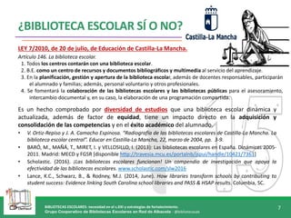BIBLIOTECAS ESCOLARES: necesidad en el s.XXI y estrategias de fortalecimiento.
Grupo Cooperativo de Bibliotecas Escolares en Red de Albacete - @bibliotecasab
7
¿BIBLIOTECA ESCOLAR SÍ O NO?
Es un hecho comprobado por diversidad de estudios que una biblioteca escolar dinámica y
actualizada, además de factor de equidad, tiene un impacto directo en la adquisición y
consolidación de las competencias y en el éxito académico del alumnado.
• V. Ortiz-Repiso y J. A. Camacho Espinosa. “Radiografía de las bibliotecas escolares de Castilla-La Mancha. La
biblioteca escolar central”. Educar en Castilla-La Mancha, 22, marzo de 2004, pp. 3-9.
• BARÓ, M., MAÑÁ, T., MIRET, I. y VELLOSILLO, I. (2013): Las bibliotecas escolares en España. Dinámicas 2005-
2011. Madrid: MECD y FGSR [disponible http://travesia.mcu.es/portalnb/jspui/handle/10421/7361]
• Scholastic. (2016). ¡Las bibliotecas escolares funcionan! Un compendio de investigación que apoya la
efectividad de las bibliotecas escolares. www.scholastic.com/slw2016
• Lance, K.C., Schwarz, B., & Rodney, M.J. (2014, June). How libraries transform schools by contributing to
student success: Evidence linking South Carolina school libraries and PASS & HSAP results. Columbia, SC.
LEY 7/2010, de 20 de julio, de Educación de Castilla-La Mancha.
Artículo 146. La biblioteca escolar.
1. Todos los centros contarán con una biblioteca escolar.
2. B.E. como un centro de recursos y documentos bibliográficos y multimedia al servicio del aprendizaje.
3. En la planificación, gestión y apertura de la biblioteca escolar, además de docentes responsables, participarán
el alumnado y familias; además, personal voluntario y otros profesionales.
4. Se fomentará la colaboración de las bibliotecas escolares y las bibliotecas públicas para el asesoramiento,
intercambio documental y, en su caso, la elaboración de una programación compartida.
 