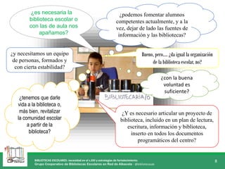 BIBLIOTECAS ESCOLARES: necesidad en el s.XXI y estrategias de fortalecimiento.
Grupo Cooperativo de Bibliotecas Escolares en Red de Albacete - @bibliotecasab
8
¿es necesaria la
biblioteca escolar o
con las de aula nos
apañamos?
¿tenemos que darle
vida a la biblioteca o,
más bien, revitalizar
la comunidad escolar
a partir de la
biblioteca?
¿podemos fomentar alumnos
competentes actualmente, y a la
vez, dejar de lado las fuentes de
información y las bibliotecas?
¿Y es necesario articular un proyecto de
biblioteca, incluido en un plan de lectura,
escritura, información y biblioteca,
inserto en todos los documentos
programáticos del centro?
¿y necesitamos un equipo
de personas, formados y
con cierta estabilidad?
Bueno, pero…. ¿da igual la organización
de la biblioteca escolar, no?
¿con la buena
voluntad es
suficiente?
 
