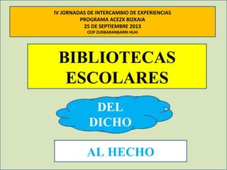 BIBLIOTECAS
ESCOLARES
DEL
DICHO
AL HECHO
IV JORNADAS DE INTERCAMBIO DE EXPERIENCIAS
PROGRAMA ACEZX BIZKAIA
25 DE SEPTIEMBRE 2013
CEIP ZURBARANBARRI HLHI
 