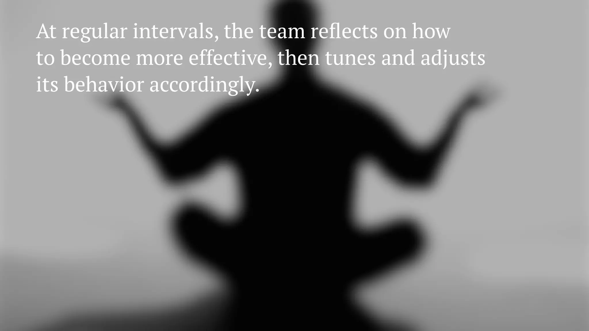 At regular intervals, the team reﬂects on how
to become more effective, then tunes and adjusts
its behavior accordingly.
 