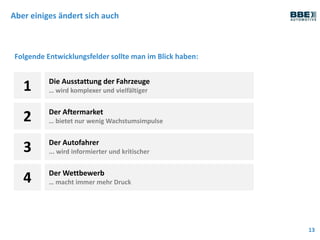 Aber einiges ändert sich auch
13
Die Ausstattung der Fahrzeuge
… wird komplexer und vielfältiger1
Der Autofahrer
... wird informierter und kritischer3
Der Wettbewerb
… macht immer mehr Druck4
Folgende Entwicklungsfelder sollte man im Blick haben:
Der Aftermarket
… bietet nur wenig Wachstumsimpulse2
 