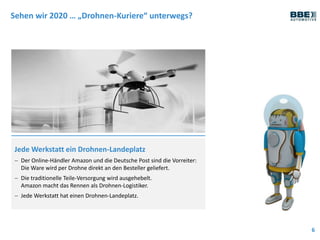 Sehen wir 2020 … „Drohnen-Kuriere“ unterwegs?
6
Jede Werkstatt ein Drohnen-Landeplatz
 Der Online-Händler Amazon und die Deutsche Post sind die Vorreiter:
Die Ware wird per Drohne direkt an den Besteller geliefert.
 Die traditionelle Teile-Versorgung wird ausgehebelt.
Amazon macht das Rennen als Drohnen-Logistiker.
 Jede Werkstatt hat einen Drohnen-Landeplatz.
 