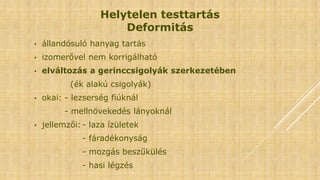 Helytelen testtartás
Deformitás
• állandósuló hanyag tartás
• izomerővel nem korrigálható
• elváltozás a gerinccsigolyák szerkezetében
(ék alakú csigolyák)
• okai: - lezserség fiúknál
- mellnövekedés lányoknál
• jellemzői: - laza ízületek
- fáradékonyság
- mozgás beszűkülés
- hasi légzés
 