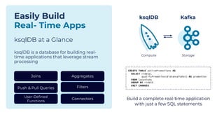 Compute Storage
CREATE TABLE activePromotions AS
SELECT rideId,
qualifyPromotion(distanceToDst) AS promotion
FROM locations
GROUP BY rideId
EMIT CHANGES
ksqlDB Kafka
Build a complete real-time application
with just a few SQL statements
Easily Build
Real- Time Apps
ksqlDB at a Glance
ksqlDB is a database for building real-
time applications that leverage stream
processing
Joins Aggregates
Push & Pull Queries Filters
User-Defined
Functions
Connectors
 