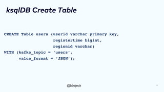 @bbejeck
ksqlDB Create Table
CREATE Table users (userid varchar primary key,
registertime bigint,
regionid varchar)
WITH (kafka_topic = ‘users’,
value_format = ‘JSON’);
18
 