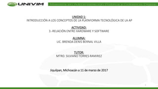 UNIDAD 1:
INTRODUCCIÓN A LOS CONCEPTOS DE LA PLATAFORMA TECNOLÓGICA DE LA AP
ACTIVIDAD:
3.-RELACIÓN ENTRE HARDWARE Y SOFTWARE
ALUMNA:
LIC. BRENDA DENIS BERNAL VILLA
TUTOR:
MTRO. SILVIANO TORRES RAMIREZ
Jiquilpan, Michoacán a 11 de marzo de 2017
1
 