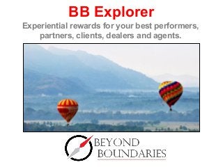 BB Explorer
Experiential rewards for your best performers,
partners, clients, dealers and agents.
 