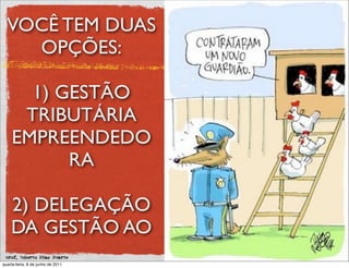 VOCÊ TEM DUAS
    OPÇÕES:

       1) GESTÃO
      TRIBUTÁRIA
     EMPREENDEDO
           RA

    2) DELEGAÇÃO
    DA GESTÃO AO
 prof. Roberto Dias Duarte
quarta-feira, 8 de junho de 2011
 