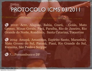 PROTOCOLO ICMS 03/2011

           2012: Acre, Alagoas, Bahia, Ceará, Goiás, Mato
        Grosso, Minas Gerais, Pará, Paraíba, Rio de Janeiro, Rio
        Grande do Norte, Rondônia, Santa Catarina, Tocantins

           2014: Amapá, Amazonas, Espírito Santo, Maranhão,
        Mato Grosso do Sul, Paraná, Piauí, Rio Grande do Sul,
        Roraima, São Paulo e Sergipe

                 ?... Pernambuco e DF



 prof. Roberto Dias Duarte
quarta-feira, 8 de junho de 2011
 