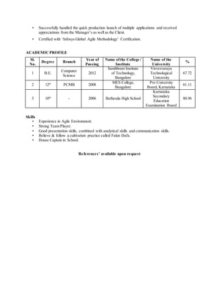 • Successfully handled the quick production launch of multiple applications and received
appreciations from the Manager’s as well as the Client.
• Certified with ‘Infosys Global Agile Methodology’ Certification.
ACADEMICPROFILE
Sl.
No.
Degree Branch
Year of
Passing
Name ofthe College /
Institute
Name of the
University
%
1 B.E.
Computer
Science
2012
Sambhram Institute
of Technology,
Bangalore
Visvesvaraya
Technological
University
67.72
2 12th
PCMB 2008
MES College,
Bangalore
Pre-University
Board, Karnataka
61.11
3 10th
- 2006 Bethesda High School
Karnataka
Secondary
Education
Examination Board
80.96
Skills
• Experience in Agile Environment.
• Strong Team Player.
• Good presentation skills, combined with analytical skills and communication skills.
• Believe & follow a cultivation practice called Falun Dafa.
• House Captain in School.
References’ available upon request
 