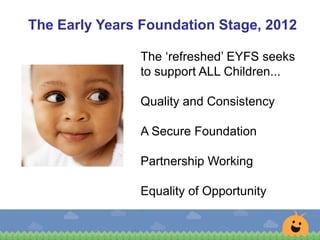 The Early Years Foundation Stage, 2012
The ‘refreshed’ EYFS seeks
to support ALL Children...
Quality and Consistency
A Secure Foundation
Partnership Working
Equality of Opportunity
 
